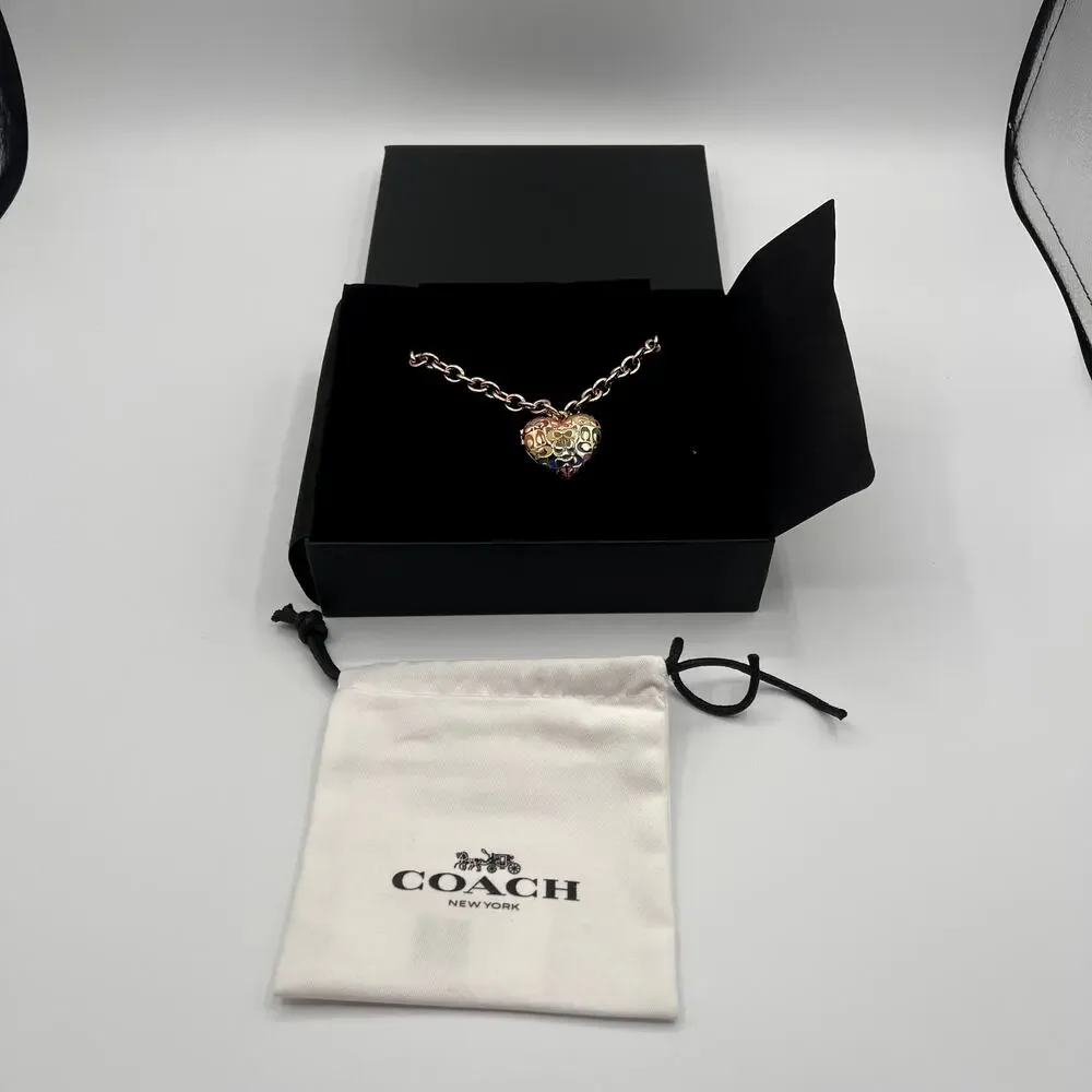 COACH Gold-Tone Enamel Heart Pendant Necklace-New with Case & Card